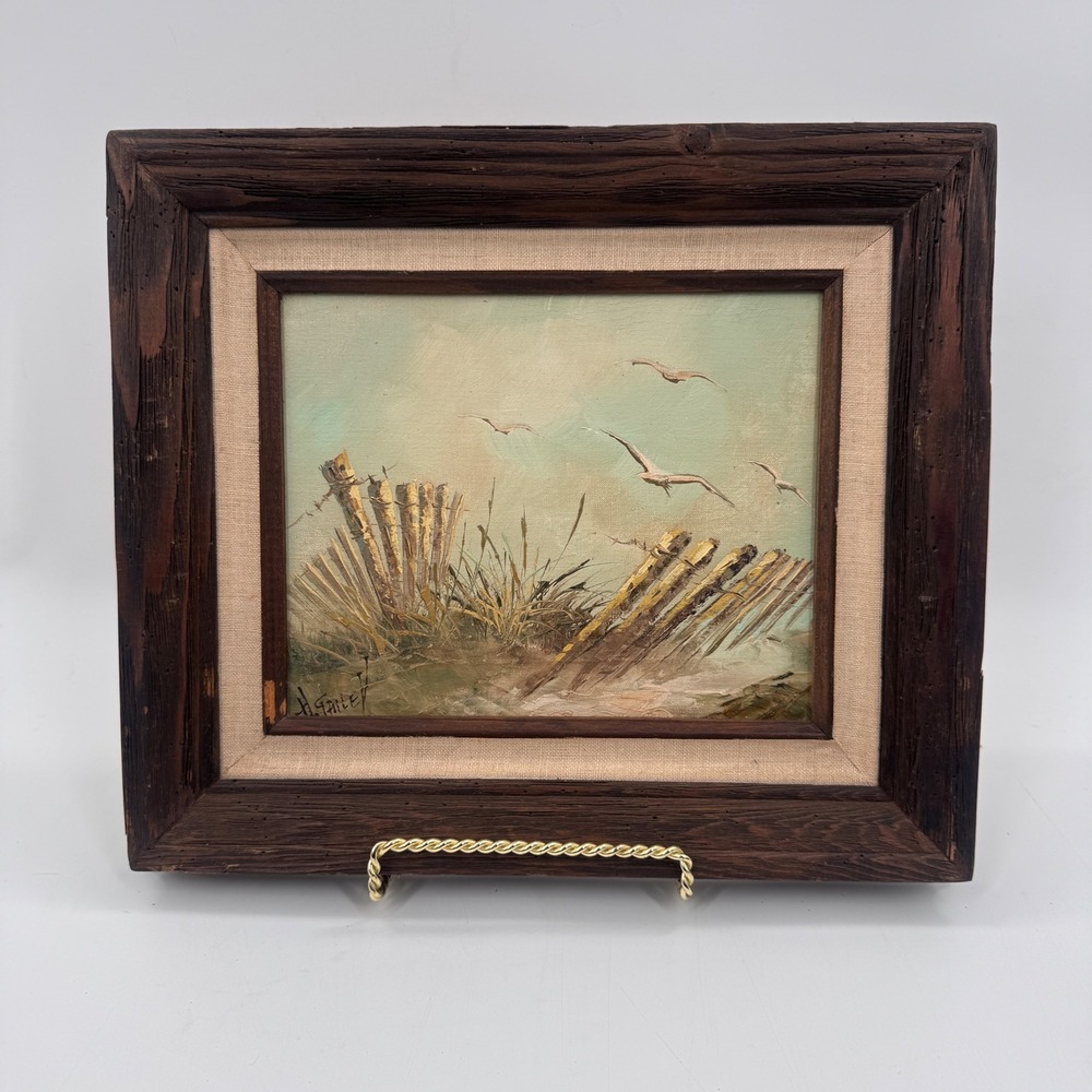 Vintage Coastal Dune Fence Oil Painting Signed H. Gailey Rustic Wood Frame 15x13
